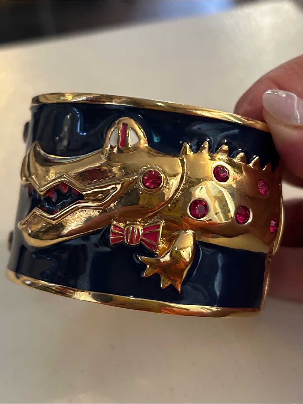 EUC Betsey Johnson Alligator Crocodile Cuff Bracelet Gold Navy with Pink Stones